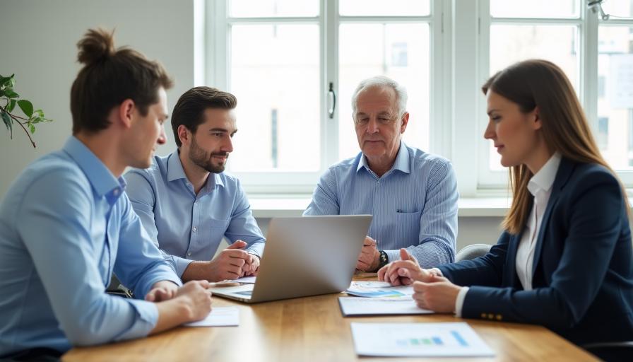 A collaborative meeting around a wooden table in a light-filled office
